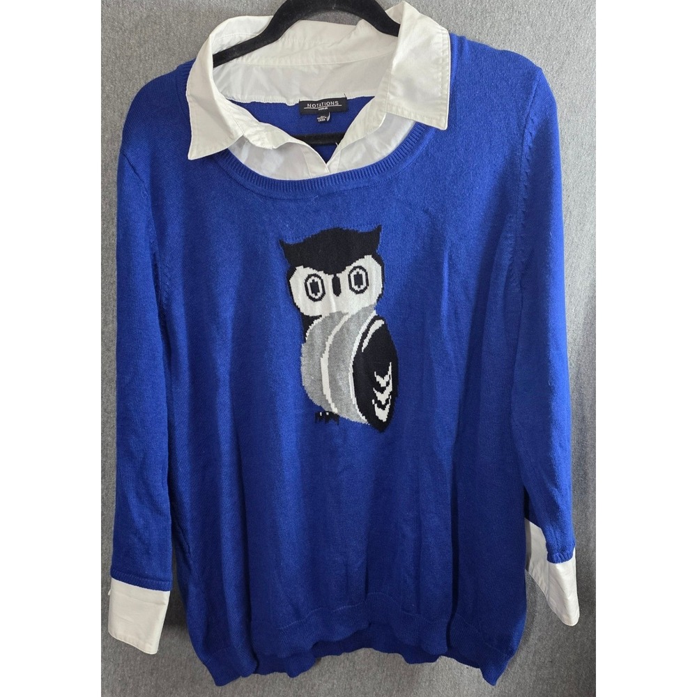 Notations Owl Graphic Layered Look Sweater Plus Size 2X XX‎ Blue White Collared